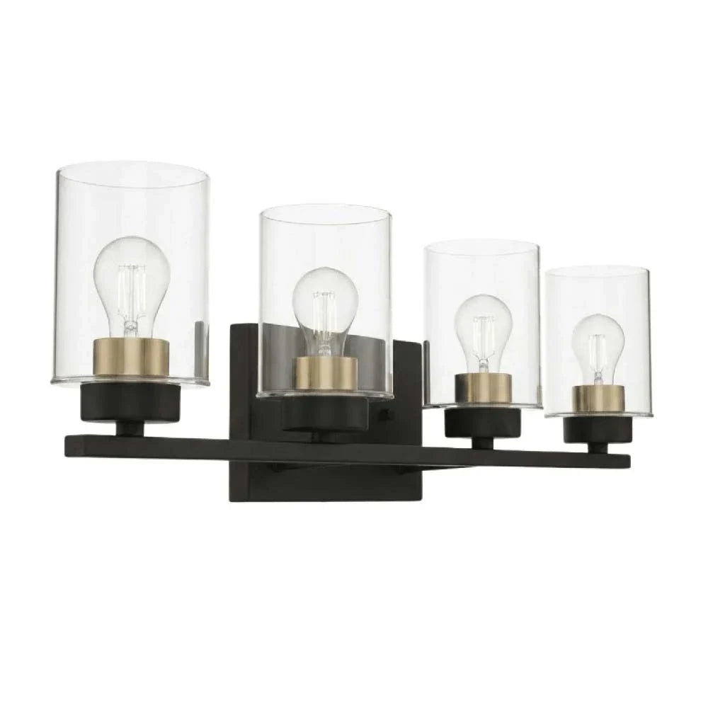 4-Light Clear Glass Vanity - MB w CG Socket Rings