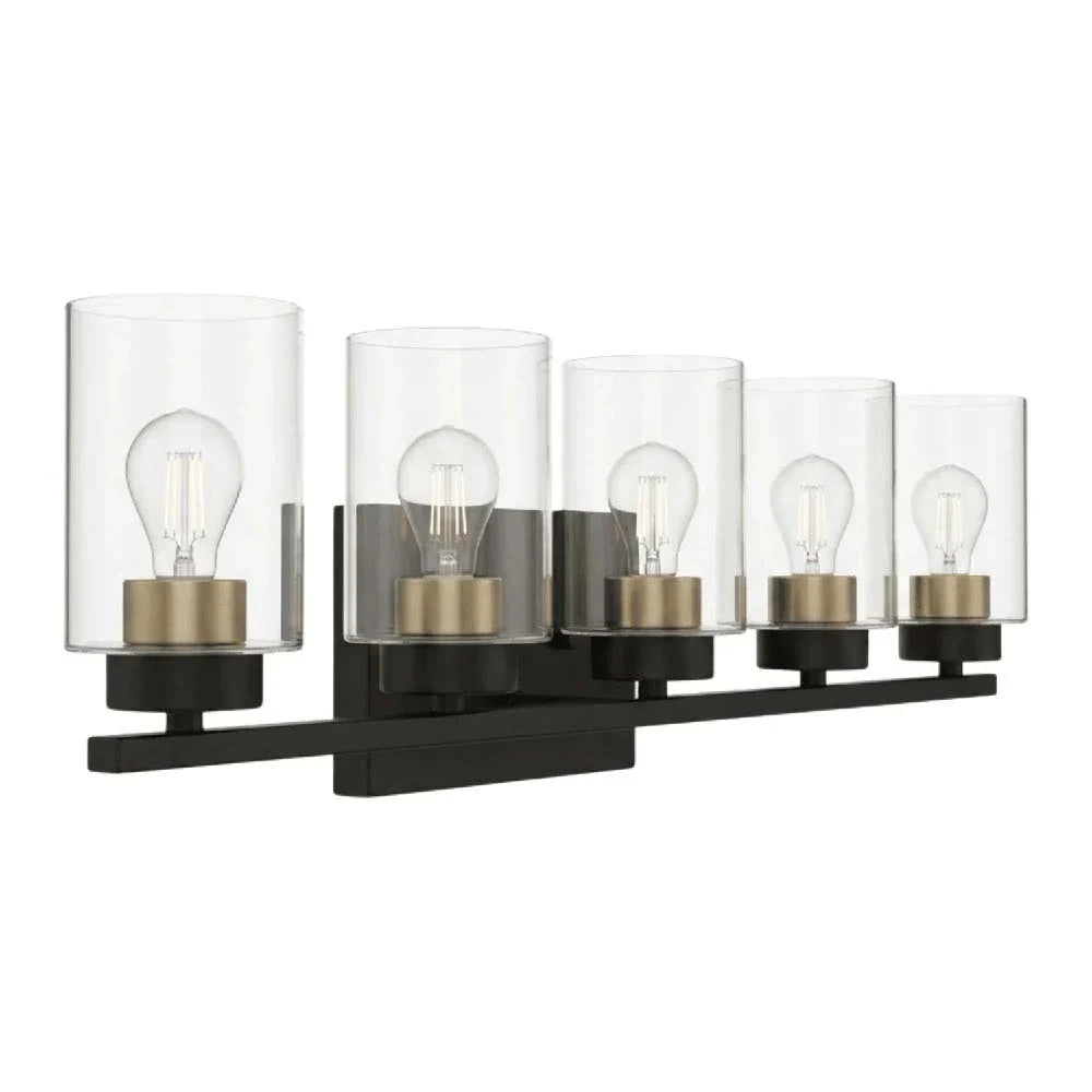 5-Light Clear Glass Vanity - MB w CG Socket Rings