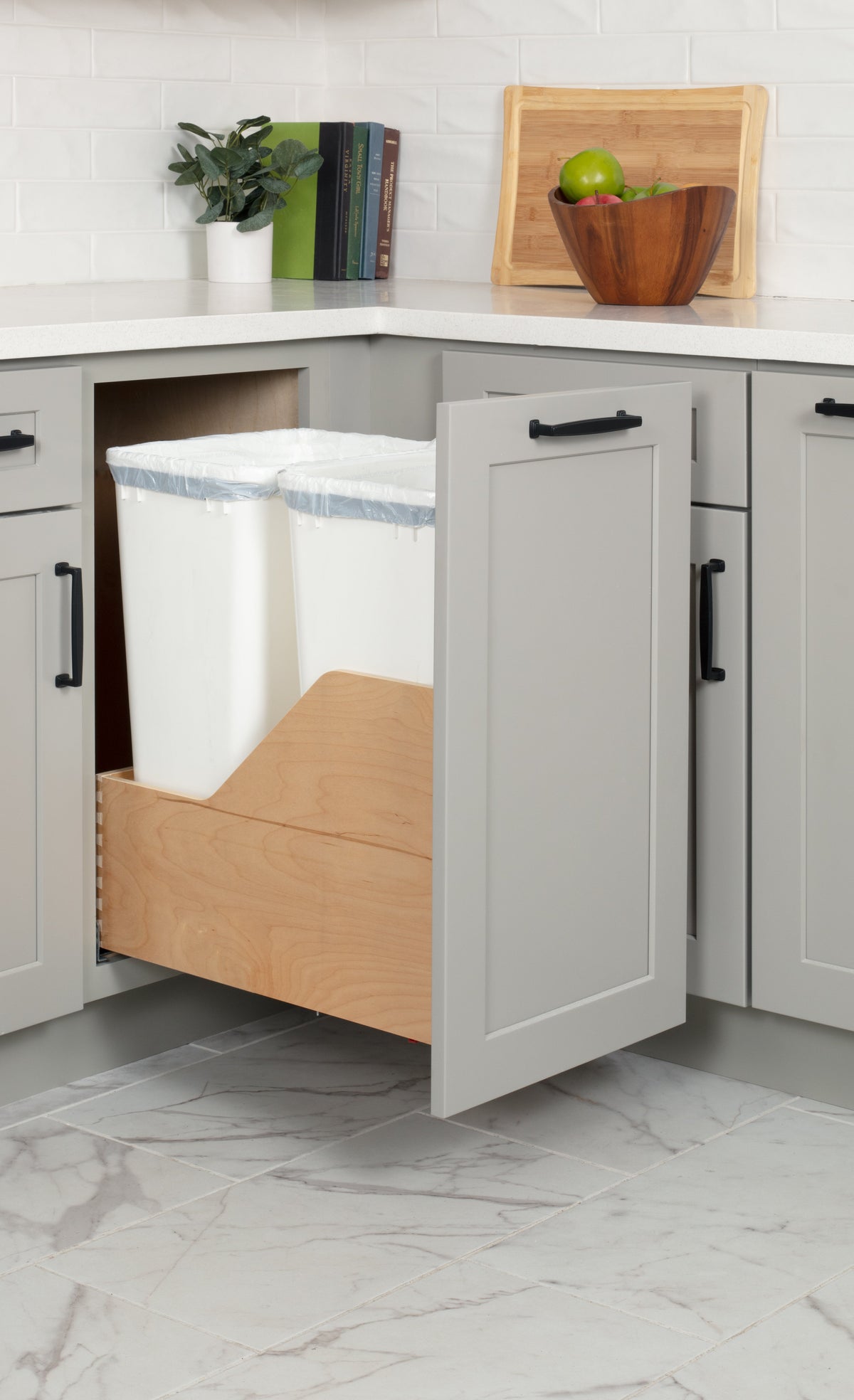 Double 50 Quart Wood Bottom-Mount Soft-close Trashcan Rollout for Door Mounting, Includes Two White Cans