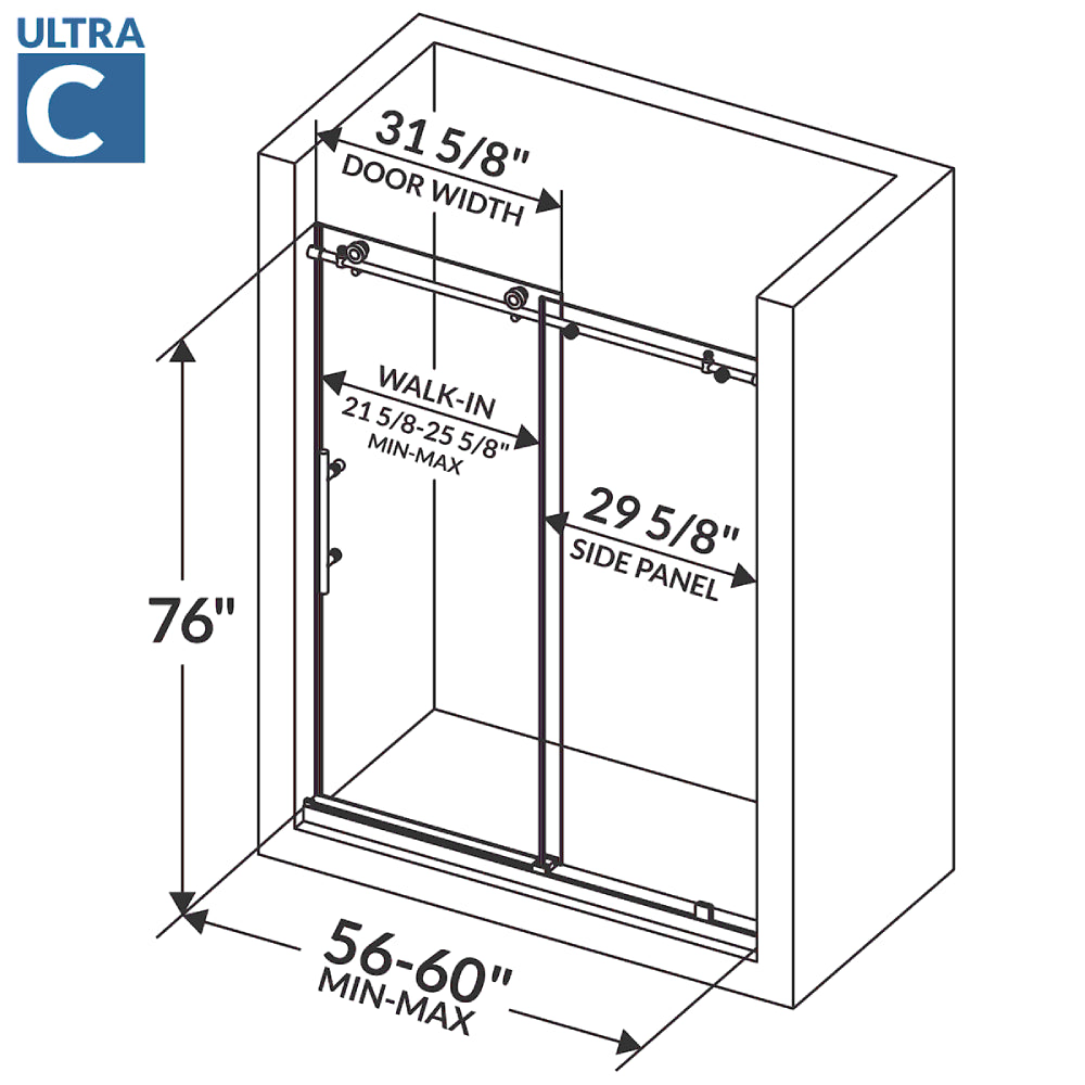 56-60 W x 76 H Sliding Shower Door ULTRA-C Chrome