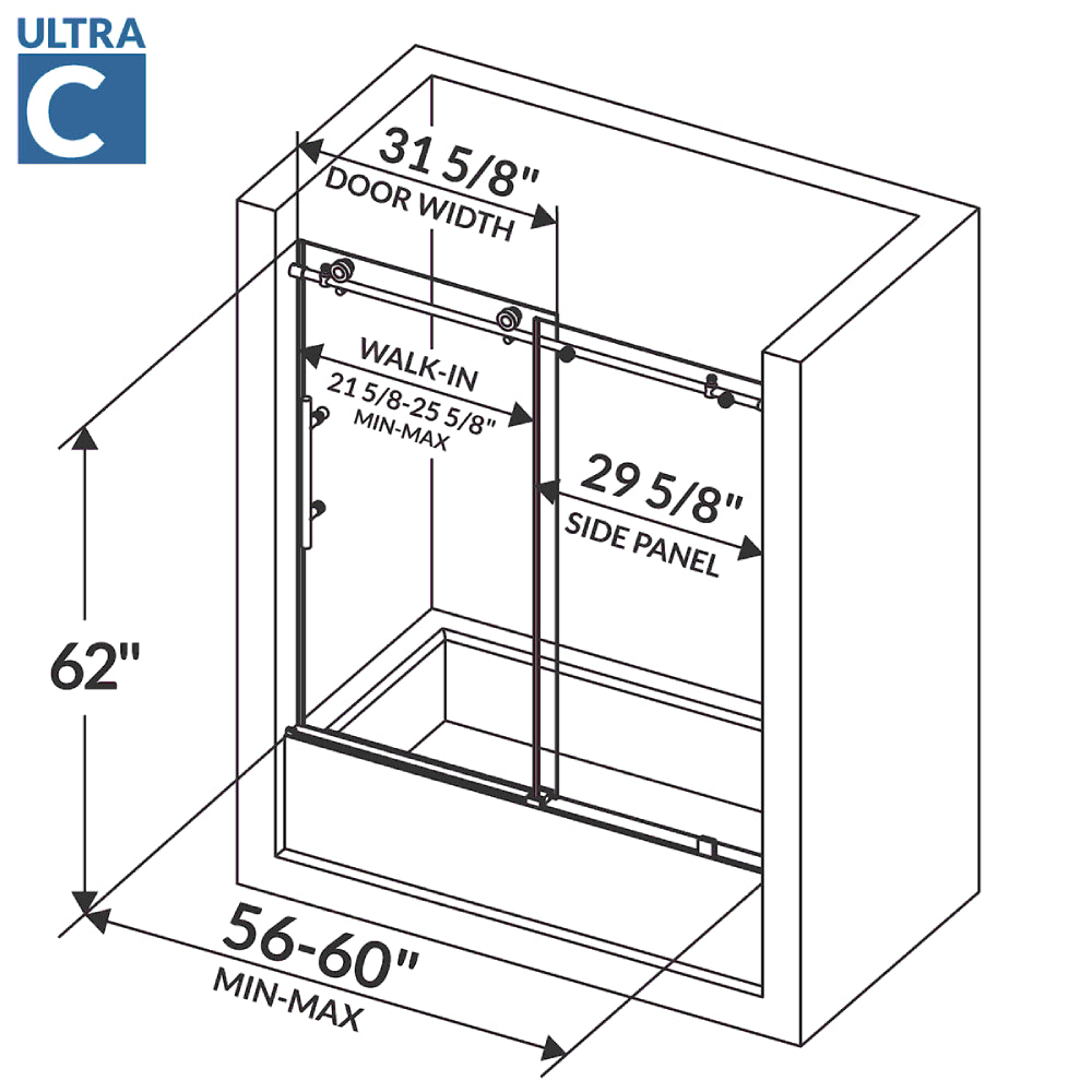 56-60 W x 62 H Sliding Bathtub Door ULTRA-C Matte Black
