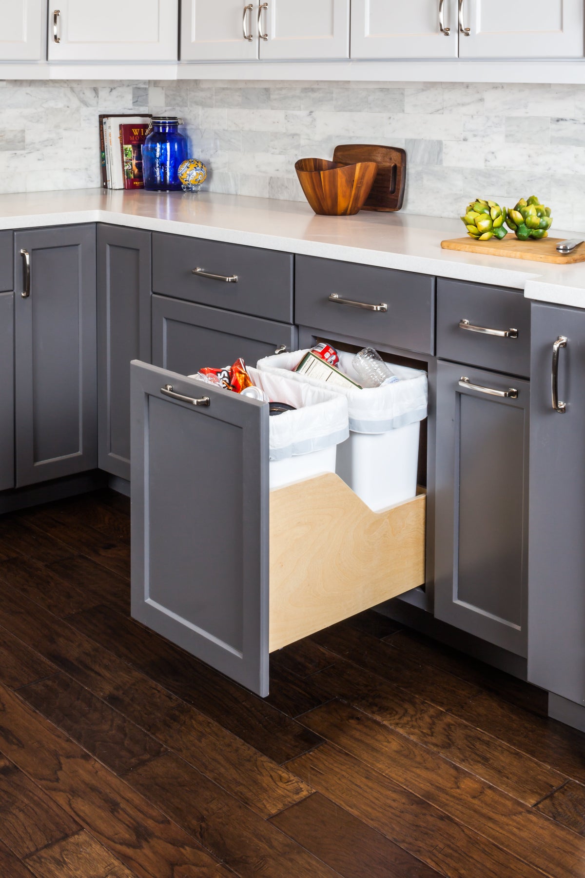 Double 35 Quart Wood Bottom-Mount Soft-close Trashcan Rollout for Door Mounting, Includes Two White Cans