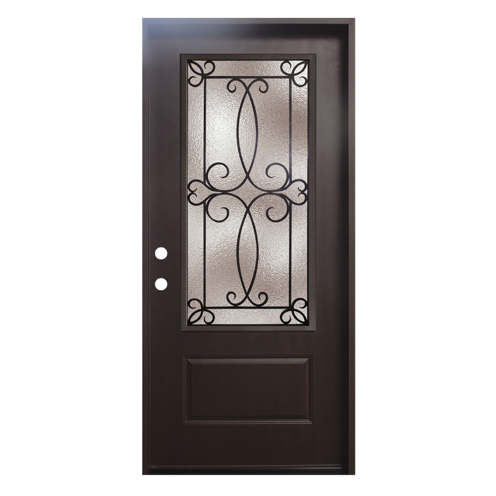 3/0x6/8 Ulysses Fiberglass Door with Decorative Glass in Dark Walnut