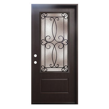 3/0x6/8 Ulysses Fiberglass Door with Decorative Glass in Dark Walnut