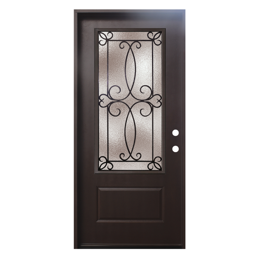 3/0x6/8 Ulysses Fiberglass Door with Decorative Glass in Dark Walnut