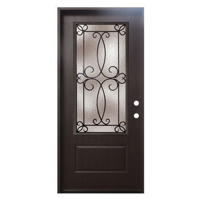 3/0x6/8 Ulysses Fiberglass Door with Decorative Glass in Dark Walnut