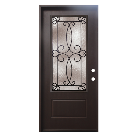 3/0x6/8 Ulysses Fiberglass Door with Decorative Glass in Dark Walnut