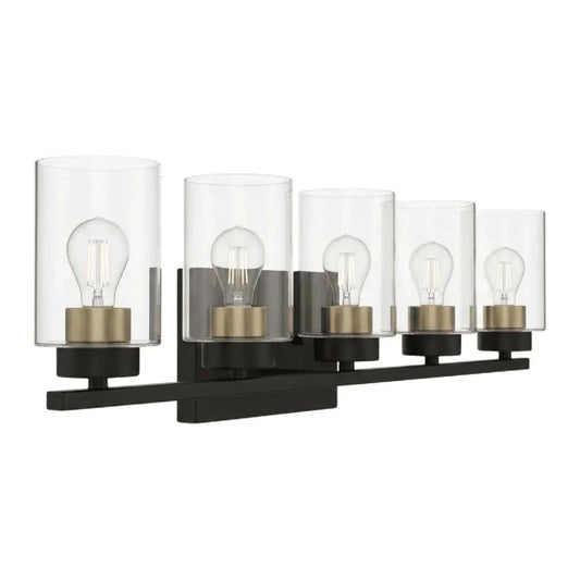 5-Light Clear Glass Vanity - MB w CG Socket Rings