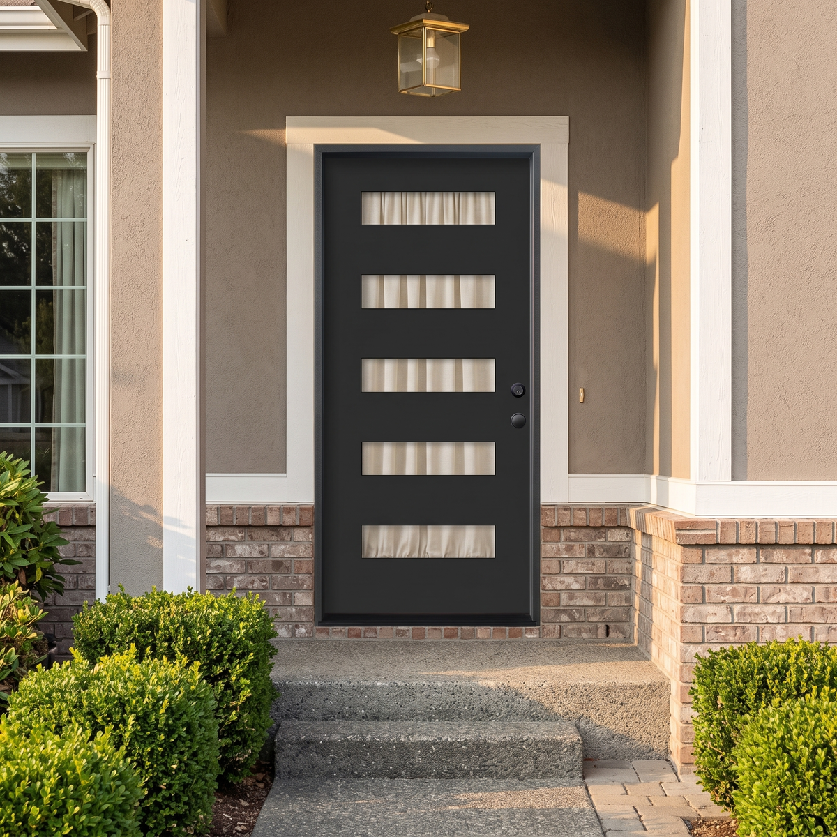 3/0x6/8 Single Prehung Fiberglass Door in Black with 5 Lites