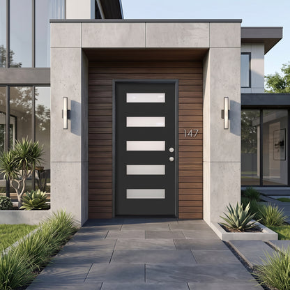 3/0x8/0 Single Prehung Fiberglass Door with 5 Lites in Black