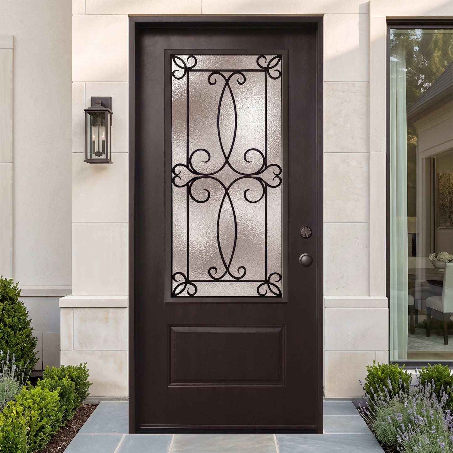 3/0x6/8 Ulysses Fiberglass Door with Decorative Glass in Dark Walnut