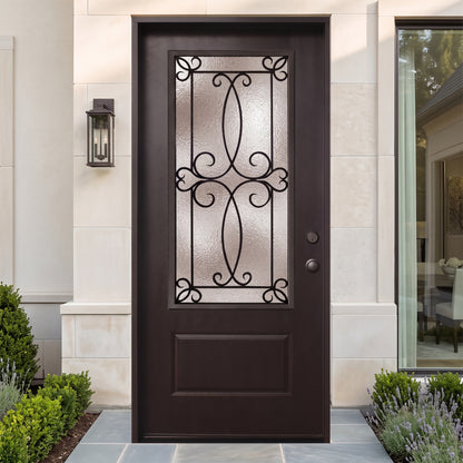 3/0x6/8 Ulysses Fiberglass Door with Decorative Glass in Dark Walnut