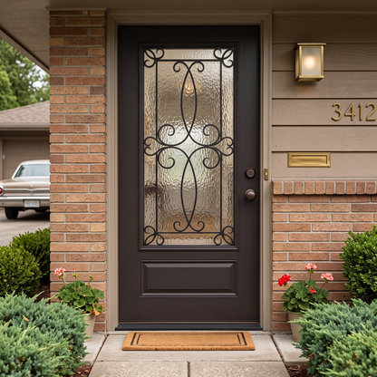 3/0x6/8 Ulysses Fiberglass Door with Decorative Glass in Dark Walnut