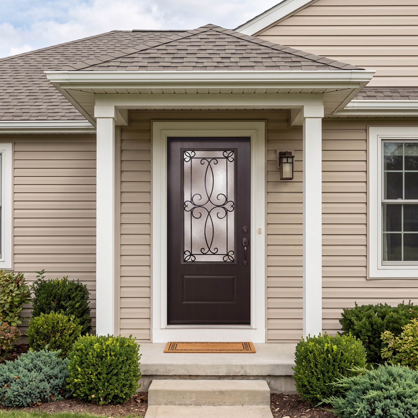 3/0x6/8 Ulysses Fiberglass Door with Decorative Glass in Dark Walnut