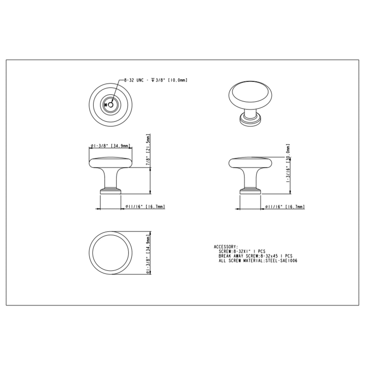 Weser 1-3/8" Diameter Mushroom Knob