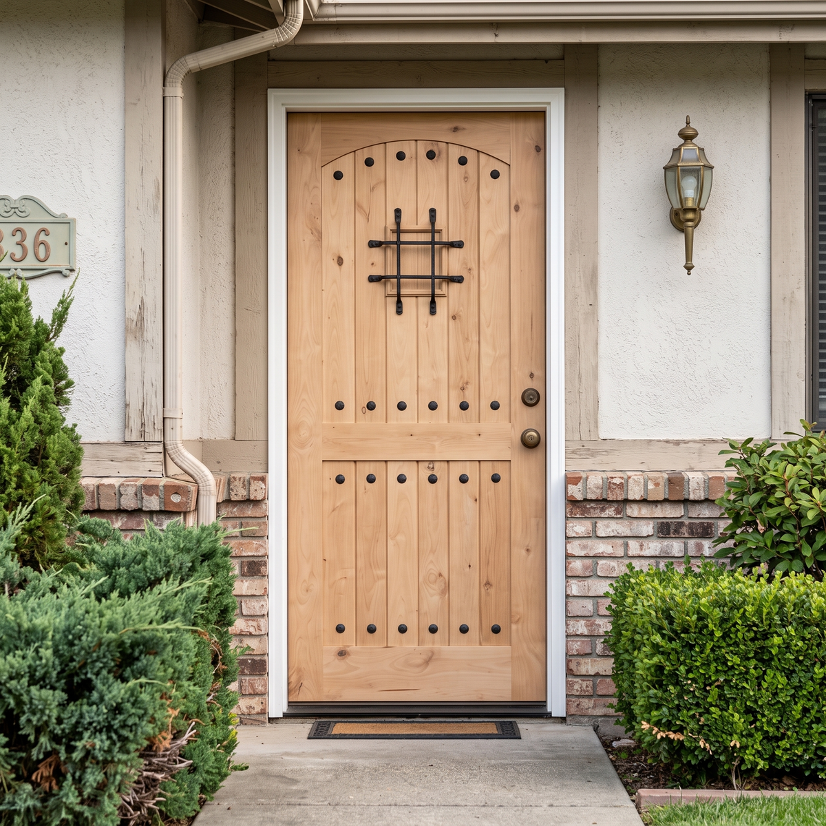 3/0x6/8 Knotty Alder 2 Panel Arched Front Door with Speakeasy