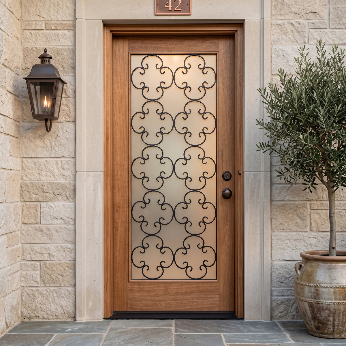 3/0x6/8 Mahogany Front Door with Frosted Glass and Rod Iron Detail
