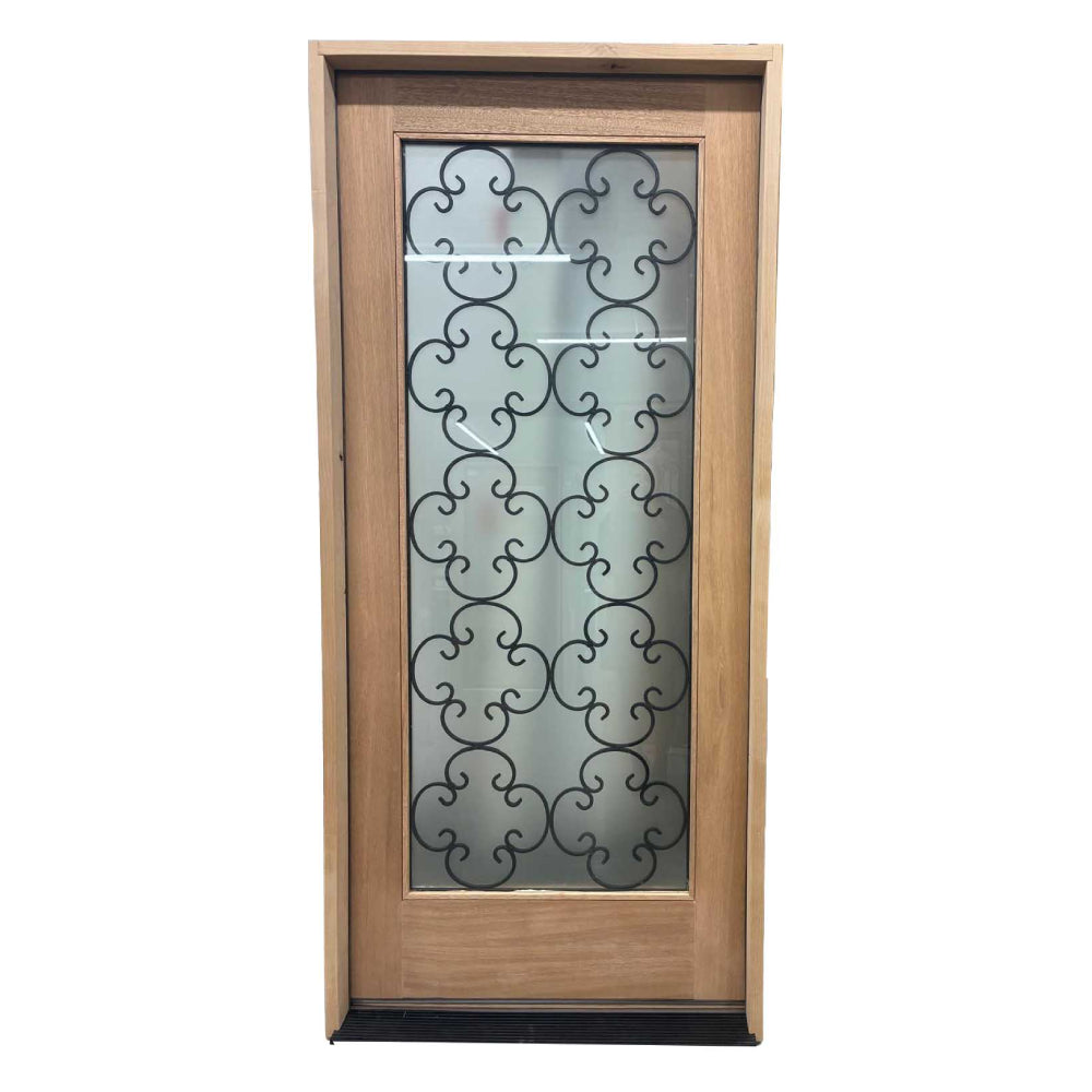 3/0x6/8 Mahogany Front Door with Frosted Glass and Rod Iron Detail