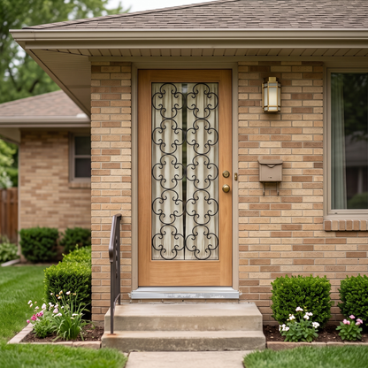 3/0x6/8 Mahogany Front Door with Frosted Glass and Rod Iron Detail