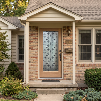 3/0x6/8 Mahogany Front Door with Frosted Glass and Rod Iron Detail