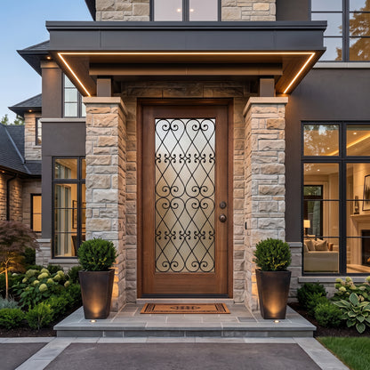 3/0x6/8 Mahogany Front Door with Metal Insert and Frosted Glass