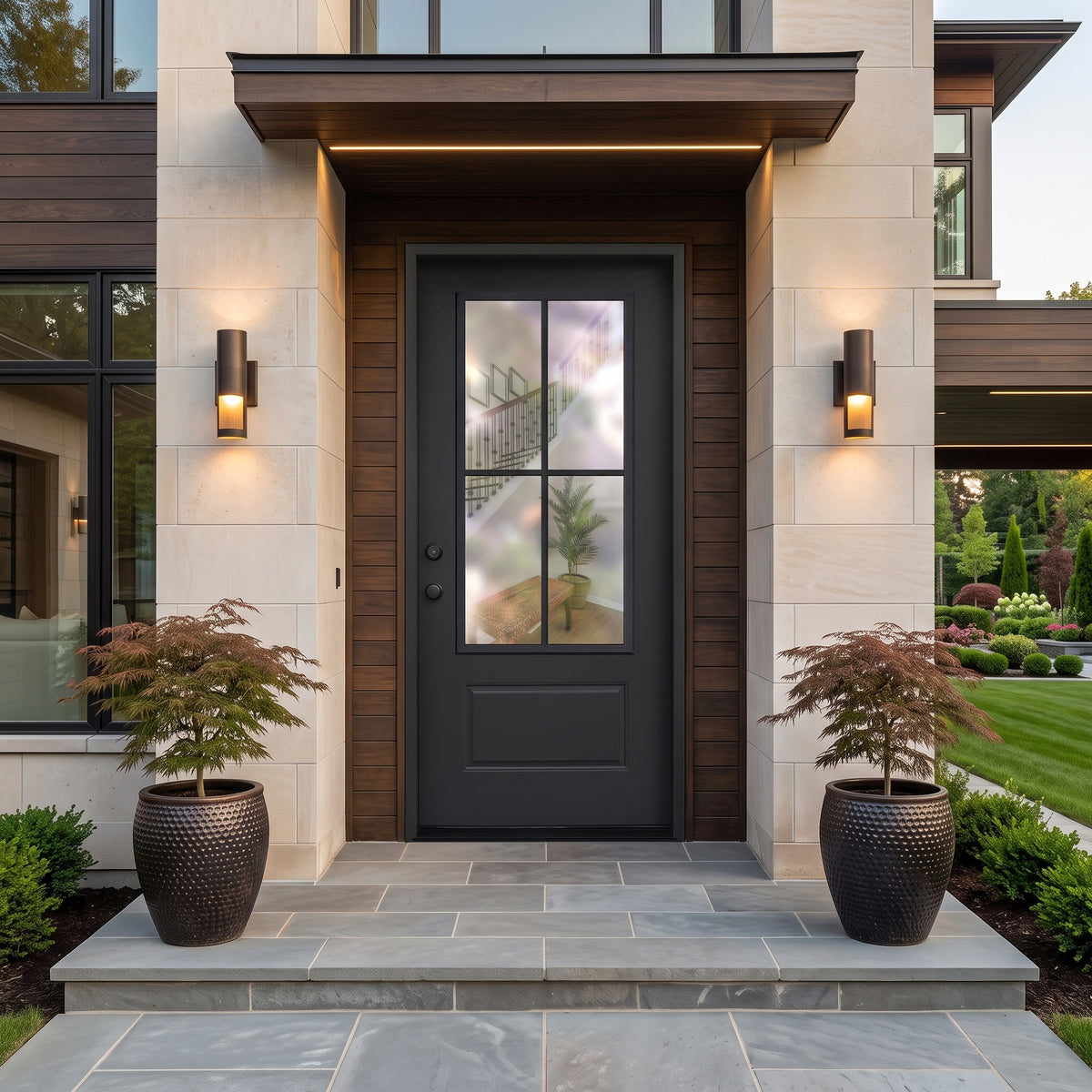 3/0x6/8 Single Prehung Fiberglass Door with 4 Lites in Black