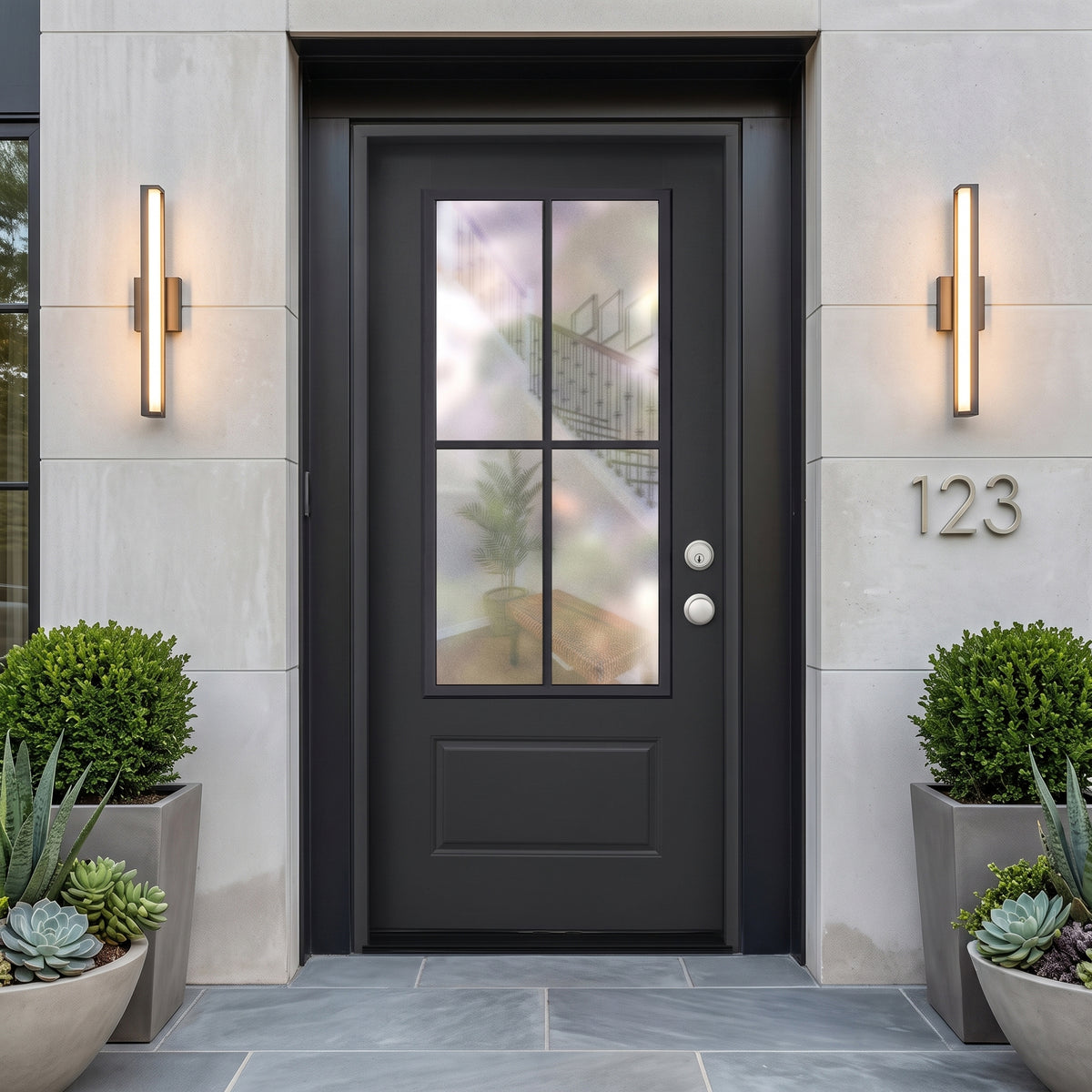 3/0x6/8 Single Prehung Fiberglass Door with 4 Lites in Black