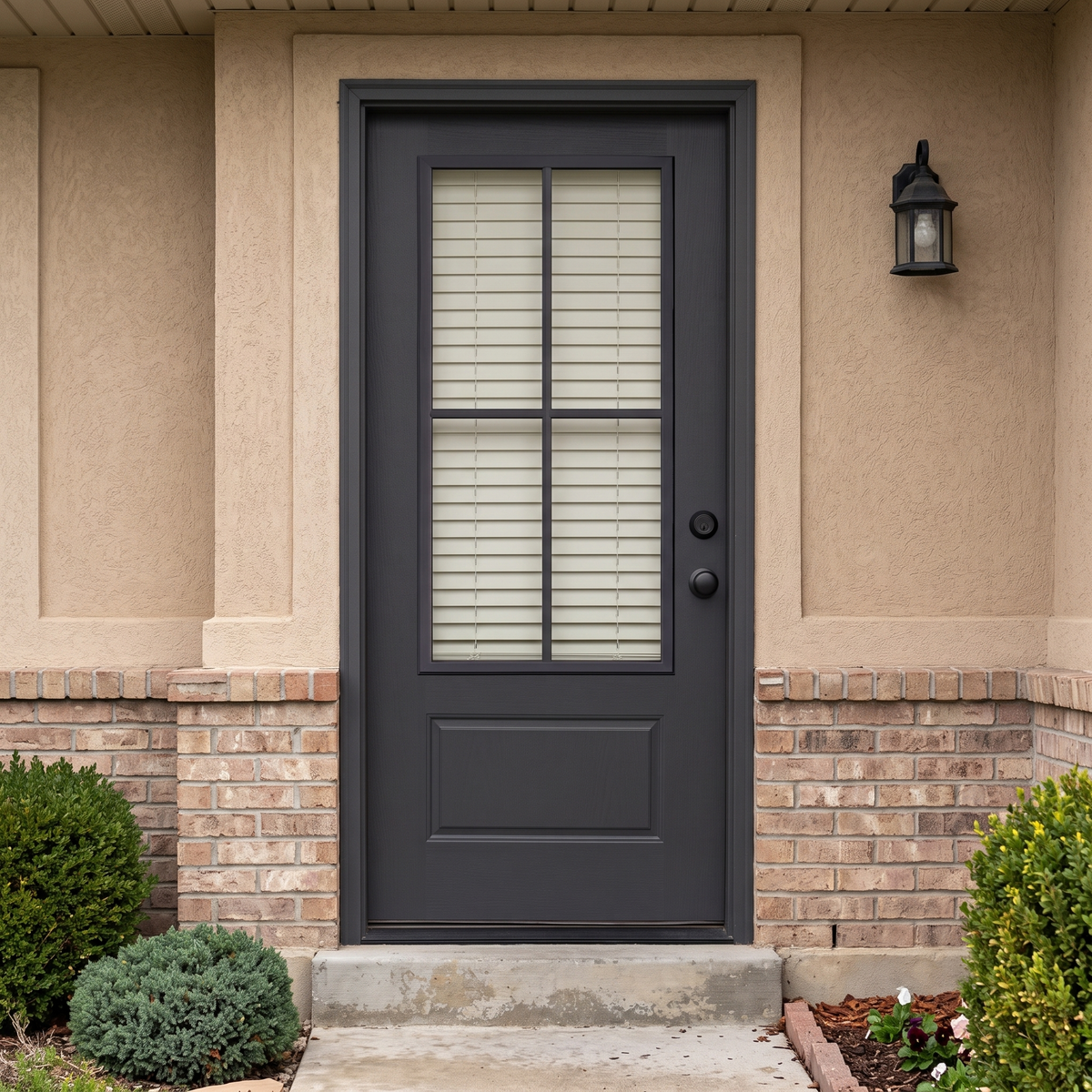 3/0x6/8 Single Prehung Fiberglass Door with 4 Lites in Black