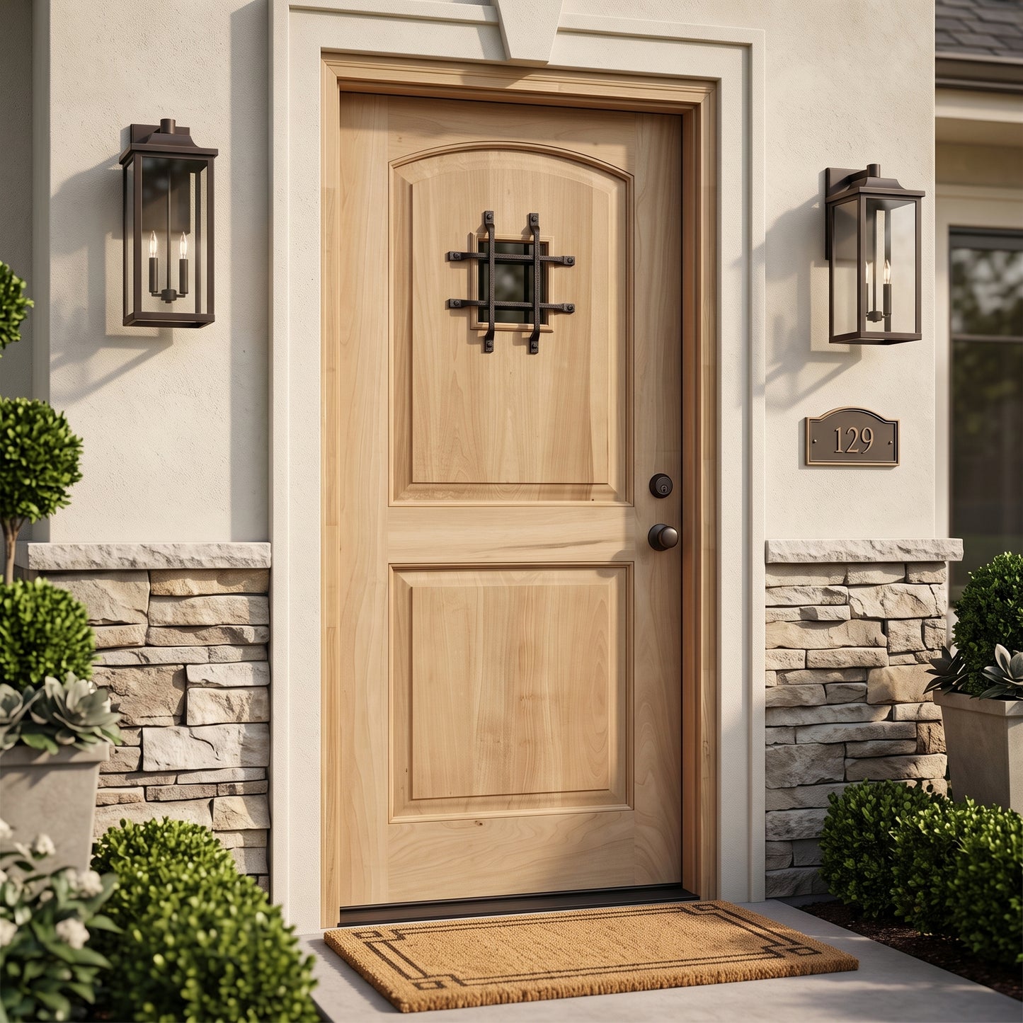 3/0x6/8 Teak 2 Panel Arched Front Door with Speakeasy