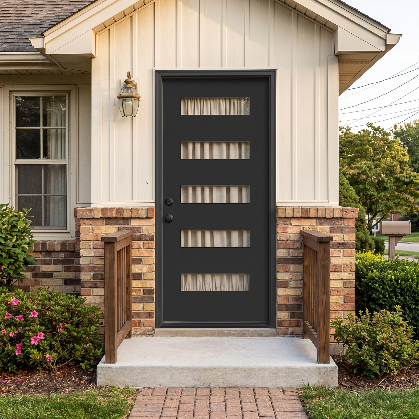 3/0x6/8 Single Prehung Fiberglass Door in Black with 5 Lites