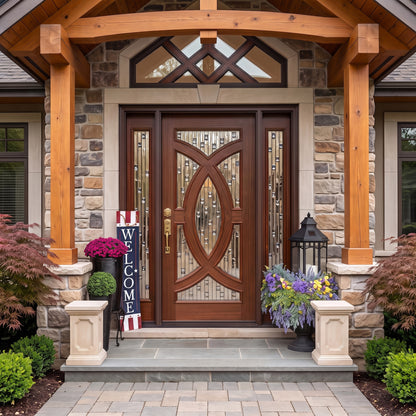 5/9x6/8 Mahogany Front Door with Geometric Glass Inlay and Matching Sidelites