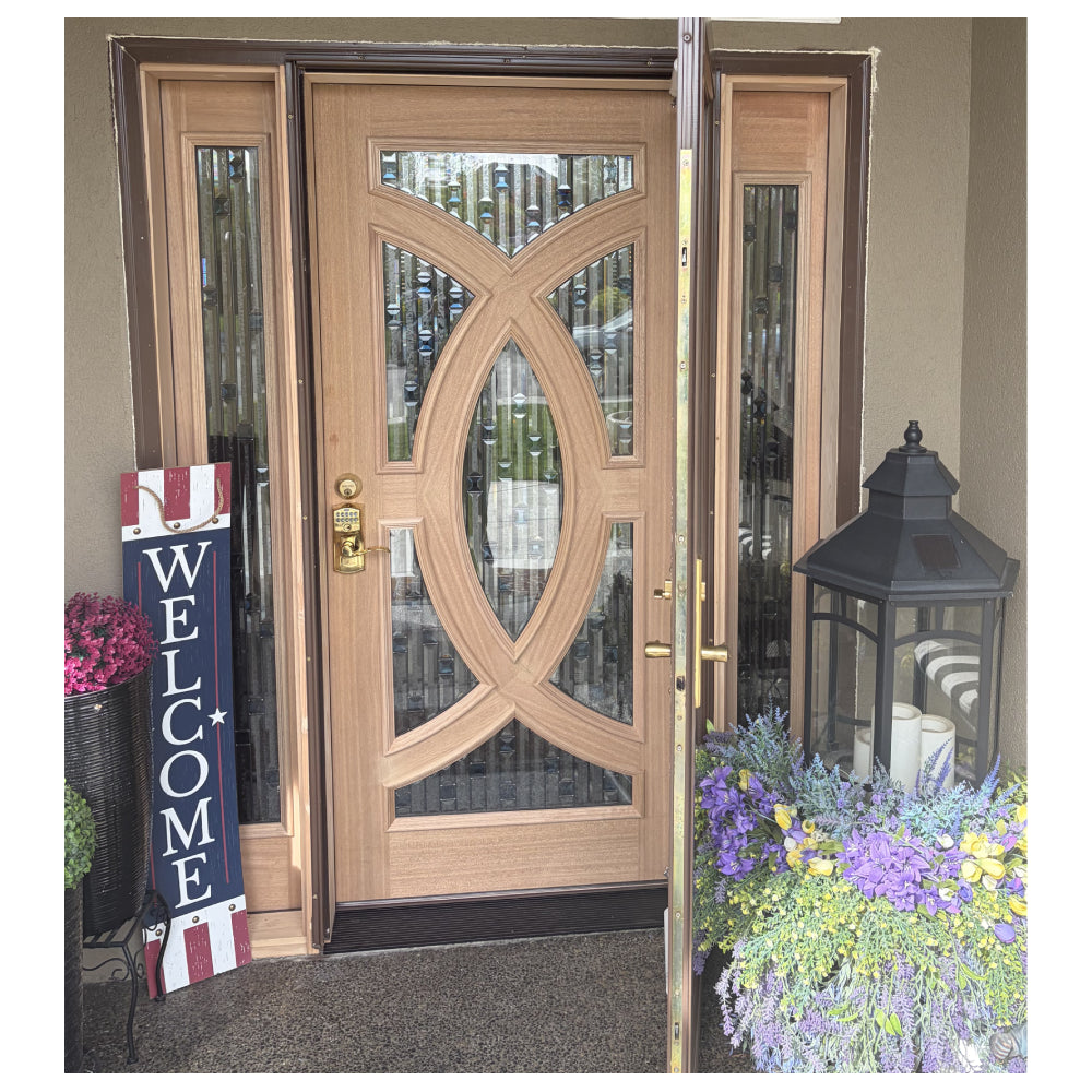 5/9x6/8 Mahogany Front Door with Geometric Glass Inlay and Matching Sidelites