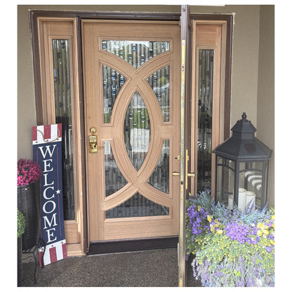 5/9x6/8 Mahogany Front Door with Geometric Glass Inlay and Matching Sidelites