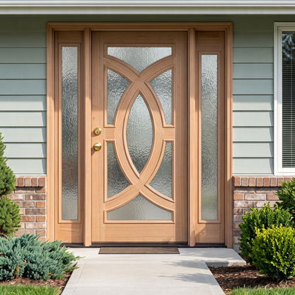 5/9x6/8 Mahogany Front Door with Geometric Glass Inlay and Matching Sidelites
