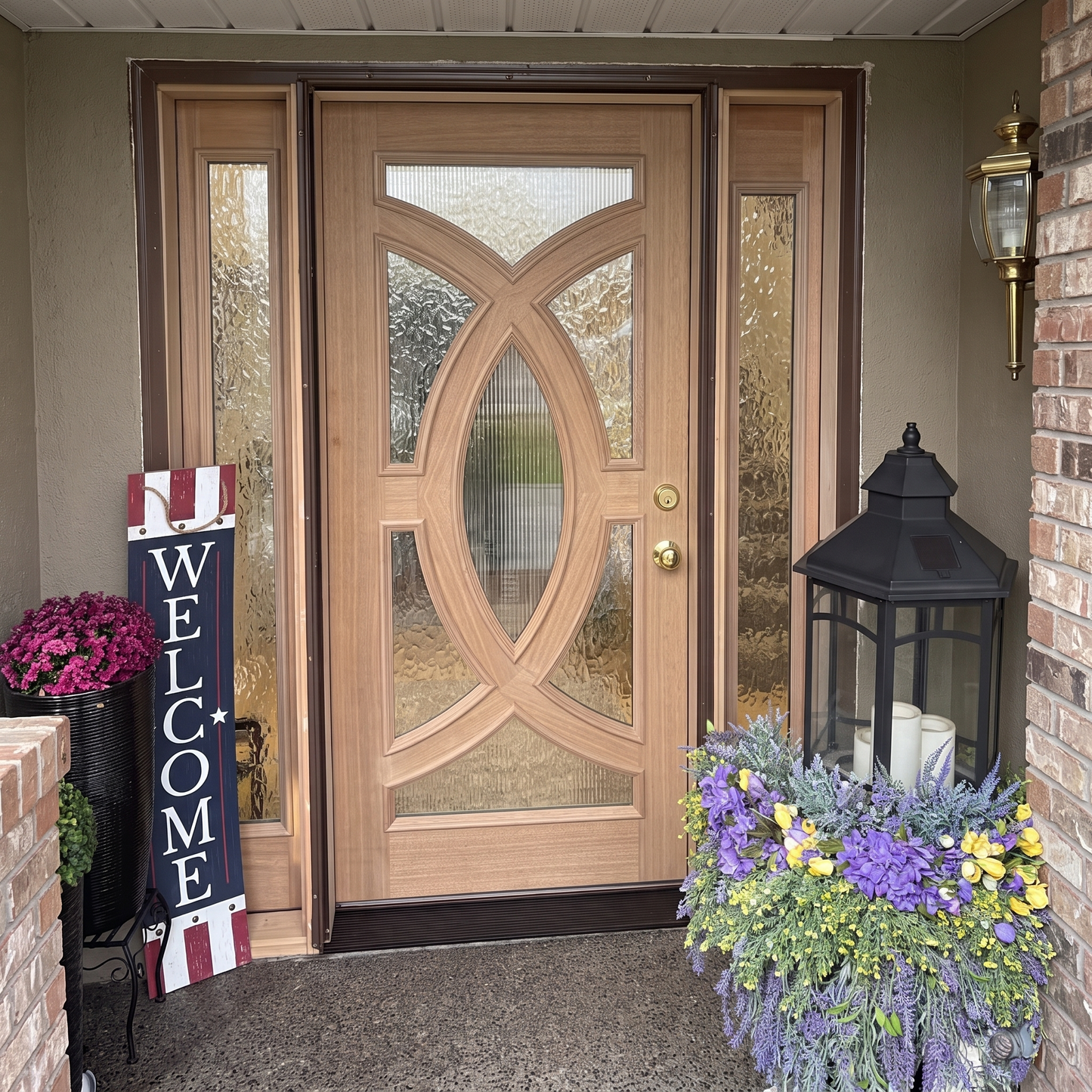 5/9x6/8 Mahogany Front Door with Geometric Glass Inlay and Matching Sidelites