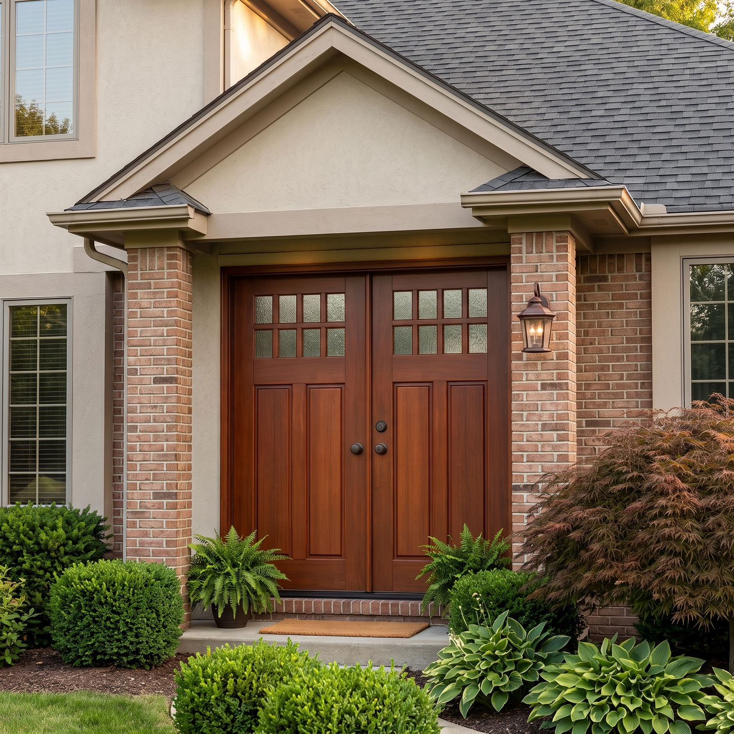 8 Lite Craftsman Single 6ft. x 6 ft. 8 in. Exterior Mahogany Prehung Double Door