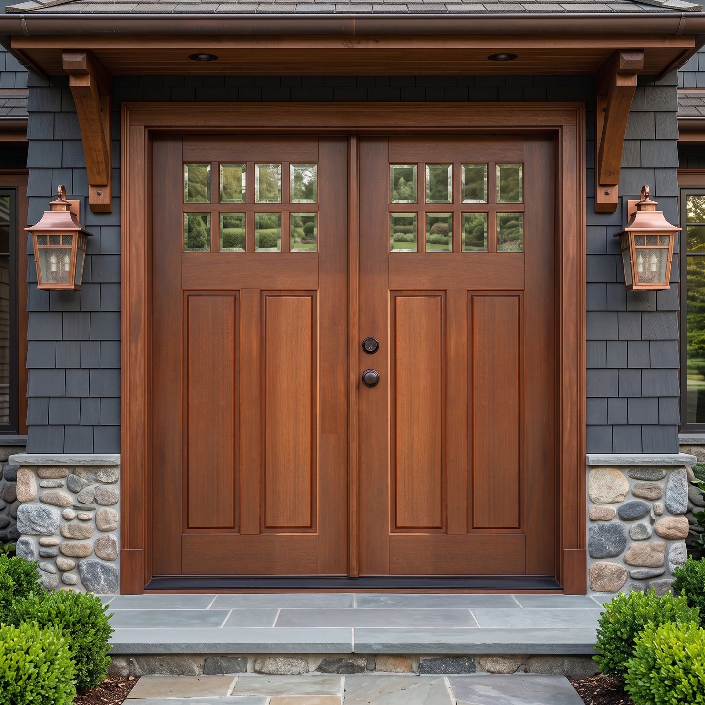 8 Lite Craftsman Single 6ft. x 6 ft. 8 in. Exterior Mahogany Prehung Double Door