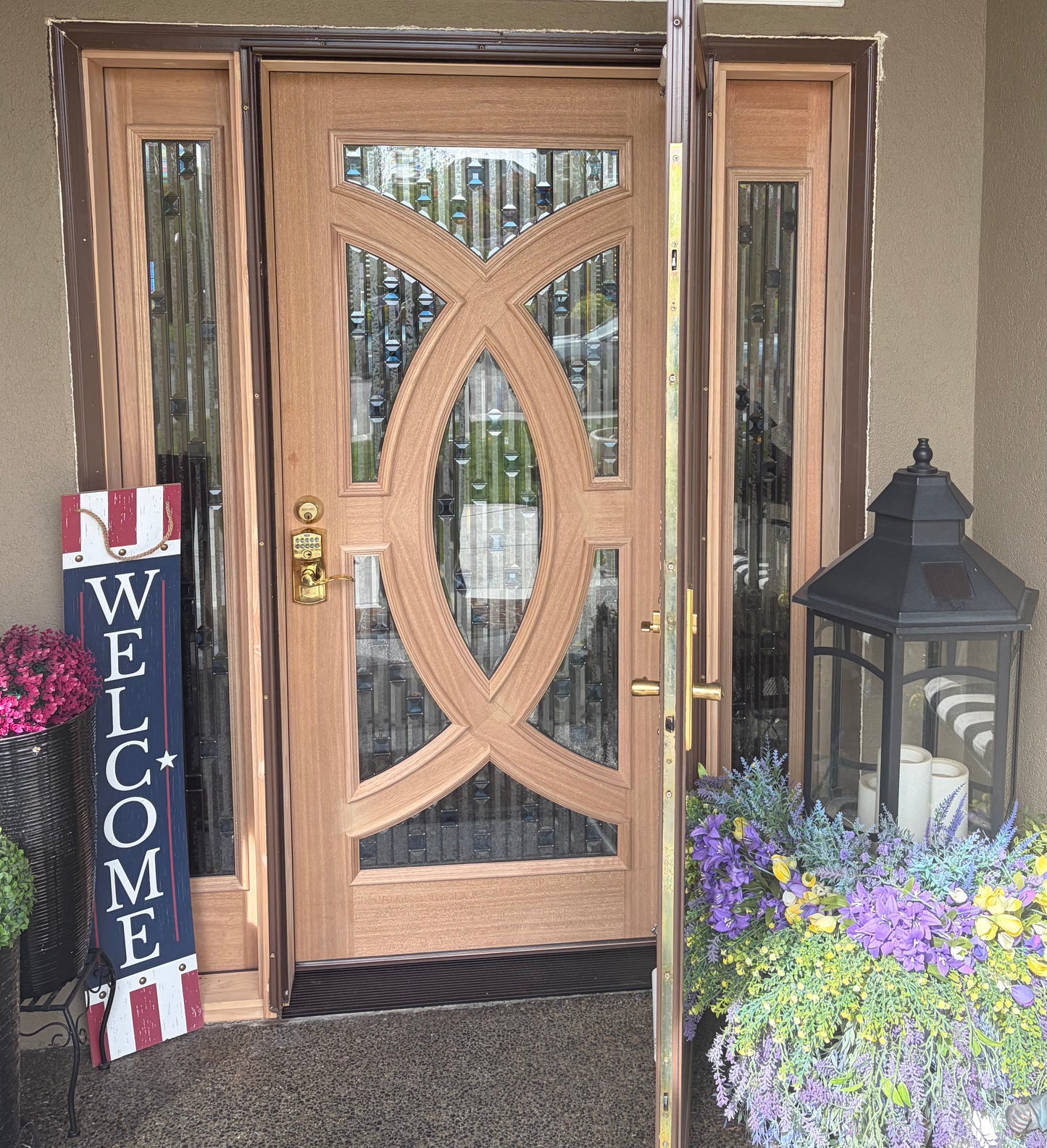 5/9x6/8 Mahogany Front Door with Geometric Glass Inlay and Matching Sidelites