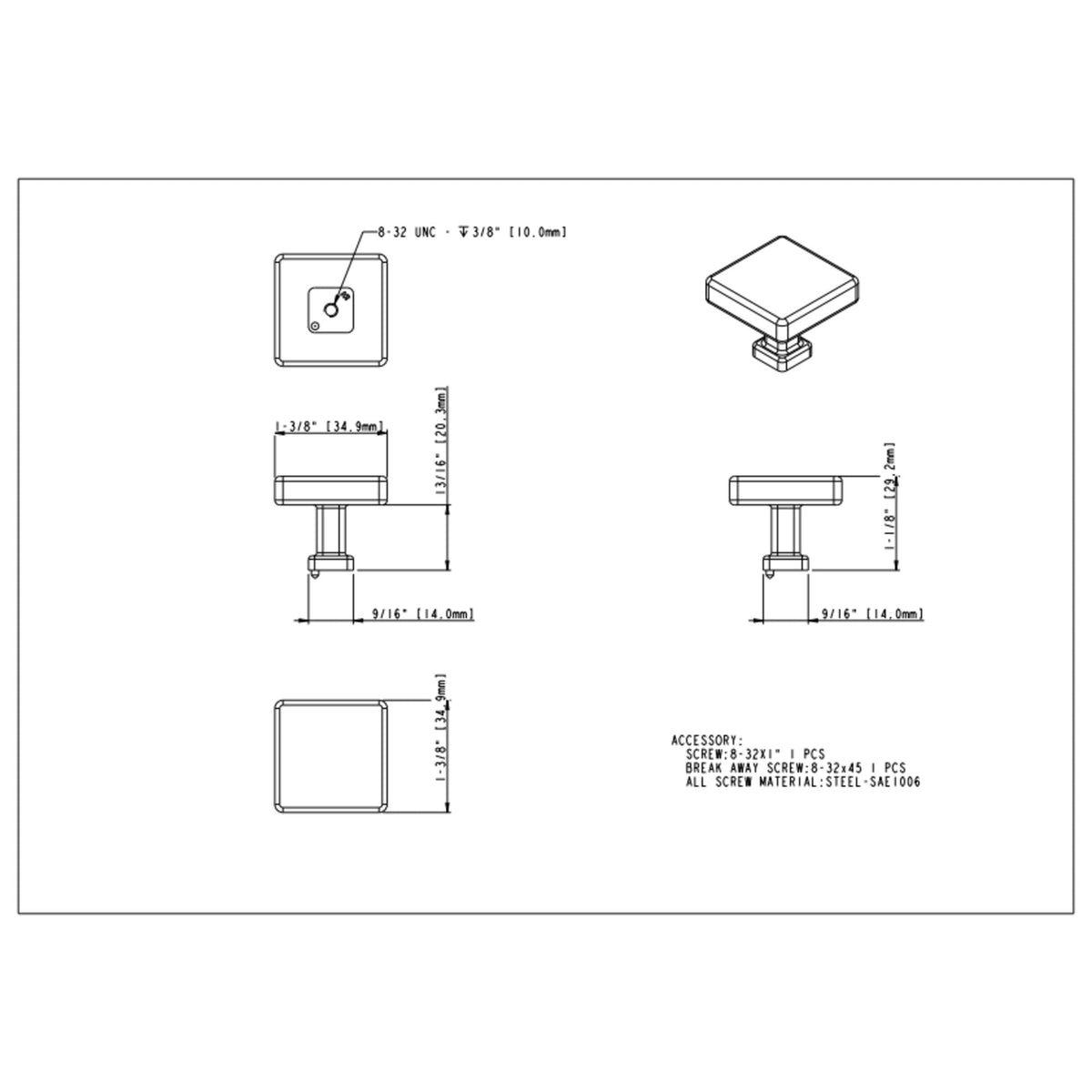 Nash 1-3/8" Diameter Square Knob