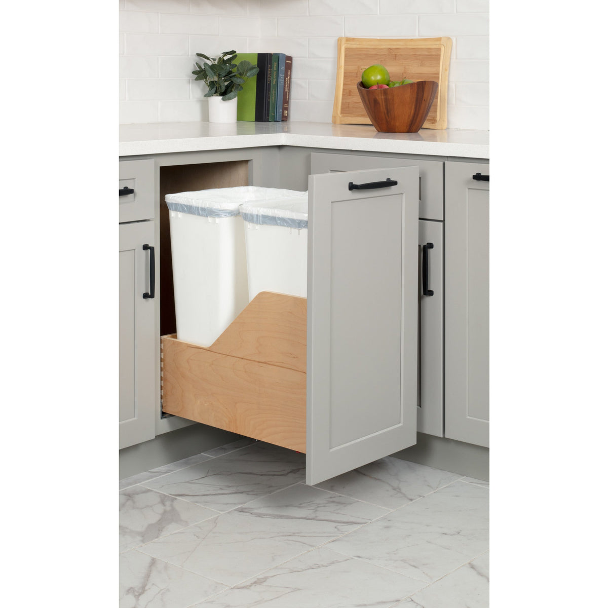 Double 50 Quart Wood Bottom-Mount Soft-close Trashcan Rollout for Door Mounting, Includes Two White Cans
