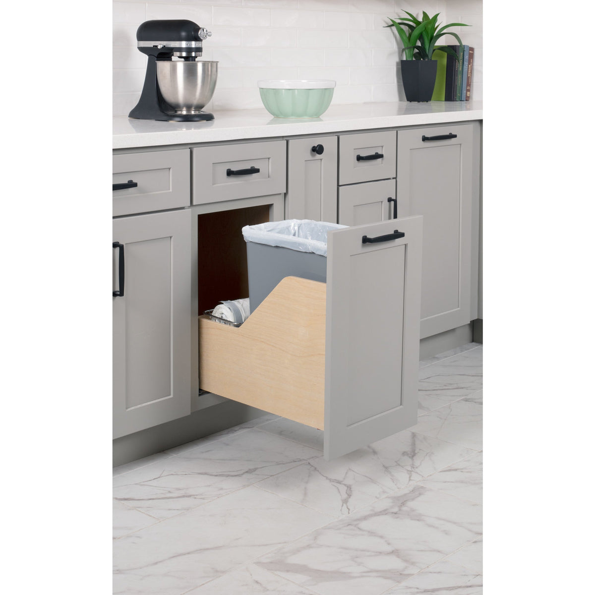 Single 35 Quart Bottom-Mount Soft-close Trashcan Rollout for Door Mounting, Includes Grey Can