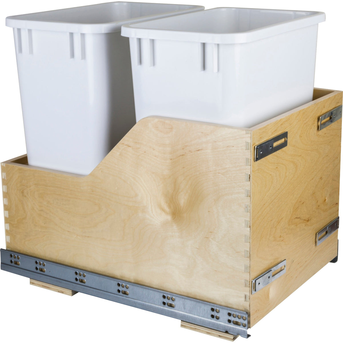 Double 35 Quart Wood Bottom-Mount Soft-close Trashcan Rollout for Door Mounting, Includes Two White Cans
