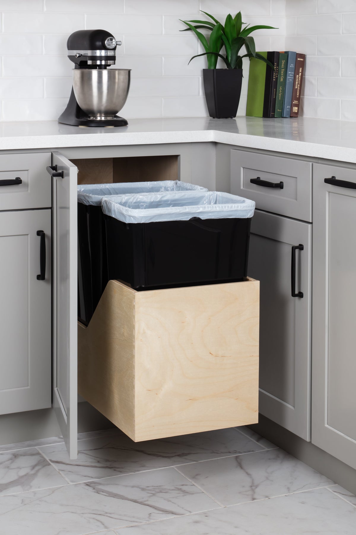 Double 50 Quart Wood Bottom-Mount Soft-close Trashcan Rollout for Hinged Doors, Includes Two Black Cans