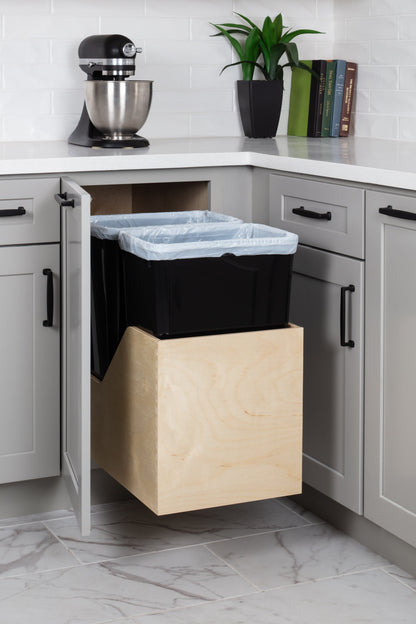 Double 50 Quart Wood Bottom-Mount Soft-close Trashcan Rollout for Hinged Doors, Includes Two Black Cans