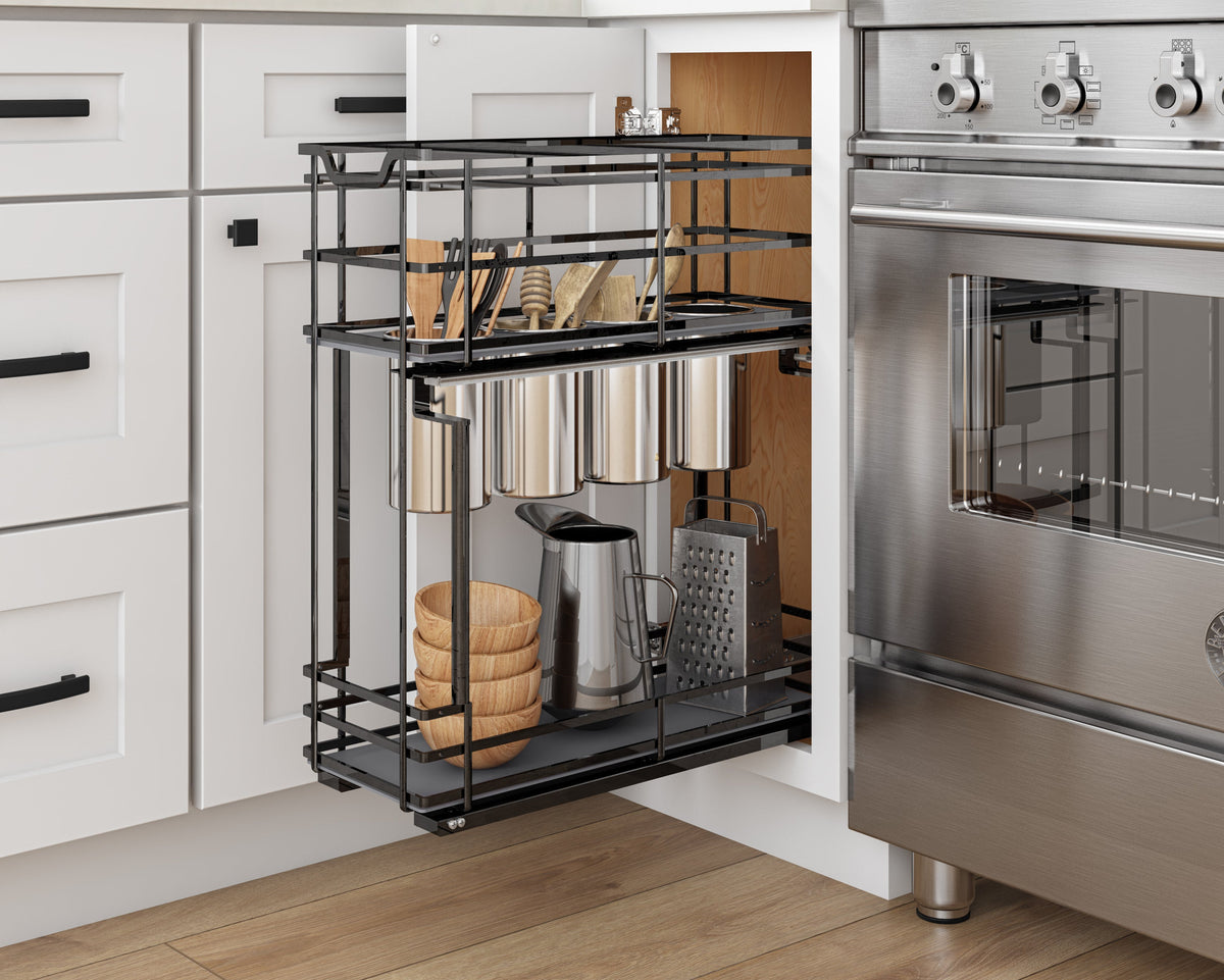8" Black Nickel STORAGE WITH STYLE® Metal "No Wiggle" Soft-close Utensil Base Pullout