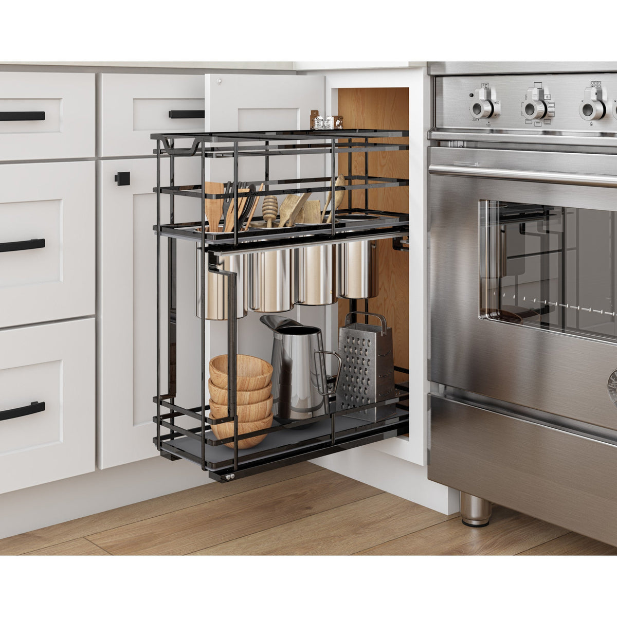 8" Black Nickel STORAGE WITH STYLE® Metal "No Wiggle" Soft-close Utensil Base Pullout