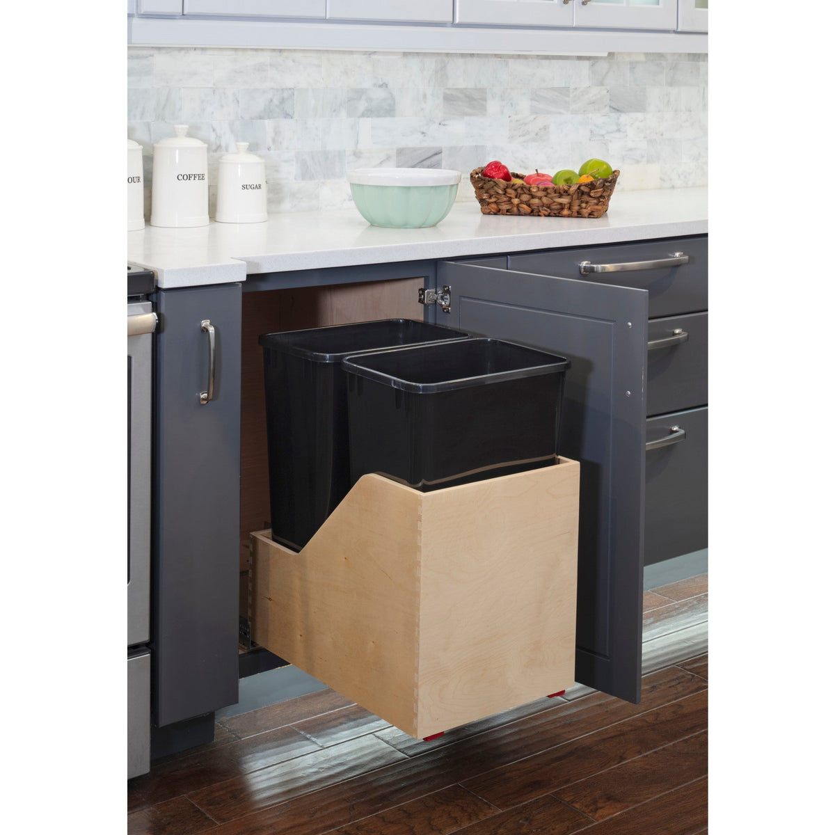 Double 50 Quart Wood Bottom-Mount Soft-close Trashcan Rollout for Hinged Doors, Includes Two Black Cans