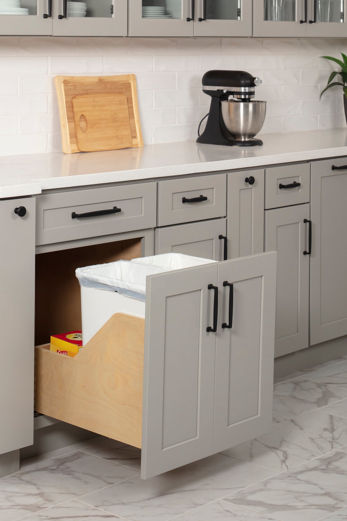 Double 35 Quart Wood Bottom-Mount Soft-close Trashcan Rollout for Door Mounting, Includes Two White Cans and Door Joining Bracket