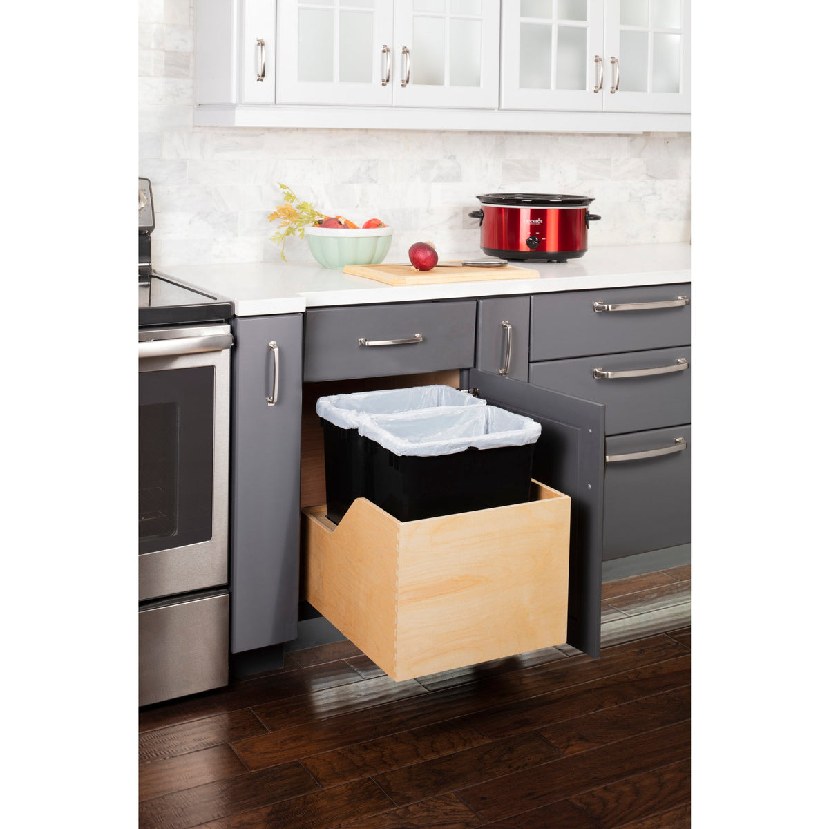 Double 35 Quart Wood Bottom-Mount Soft-close Trashcan Rollout for Hinged Doors, Includes Two Black Cans