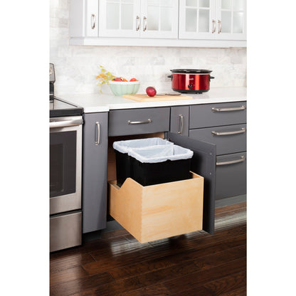 Double 35 Quart Wood Bottom-Mount Soft-close Trashcan Rollout for Hinged Doors, Includes Two Black Cans
